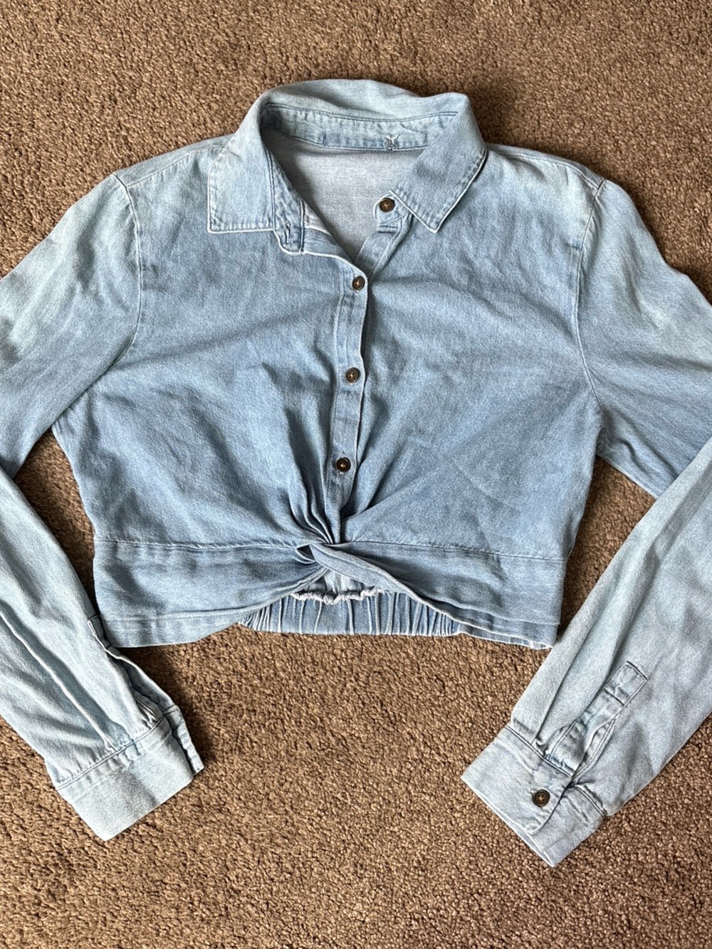 Light Wash Denim Button-Up Top with Front Tie